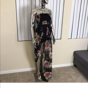 Black & floral Strapless midi dress